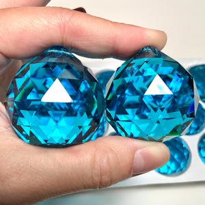 40mm Cerulean Aqua Crystal Ball Prism Suncatcher Crystals for Windows, Electric Teal Blue Colored Bulk Glass Chandelier Supplies CC40